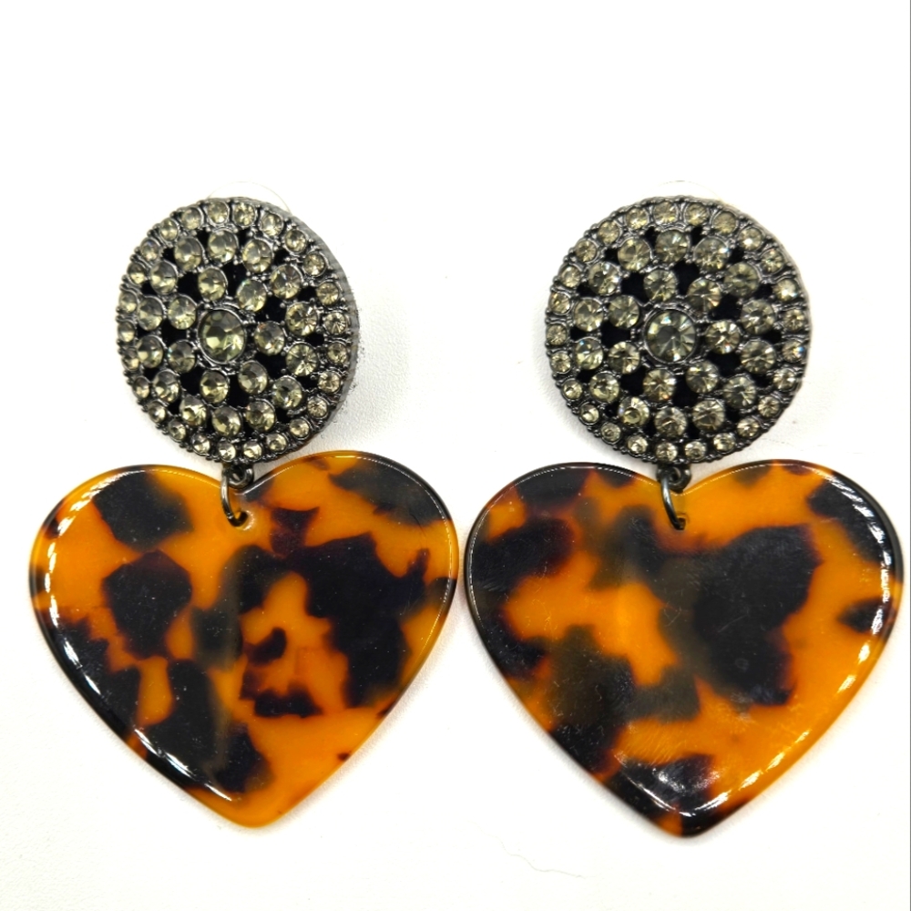 EXPRESS Fashion Earrings Chrome Rhinestones Tortoise Shell Heart